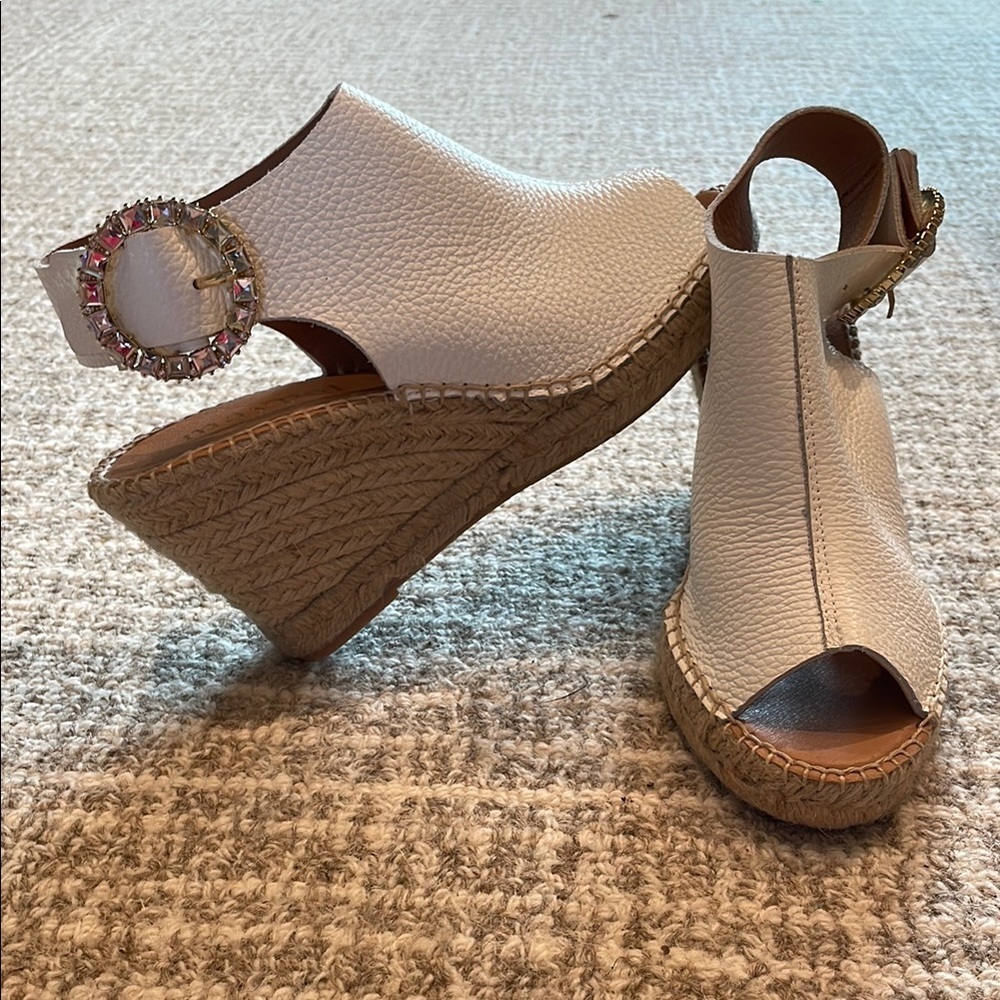 MAYPOL Made in Spain NEMI White Wedge Sandals with Rhinestone Buckle Strap